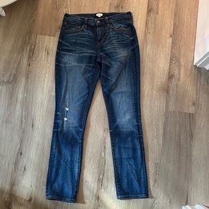 J.Crew stretch denim size 25 with light washing, distressed right knee.